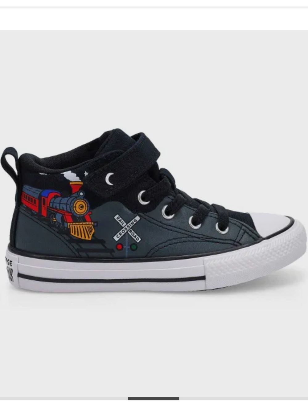 Converse Kids Black High-Top Sneakers with Multi-Color Train Graphic.